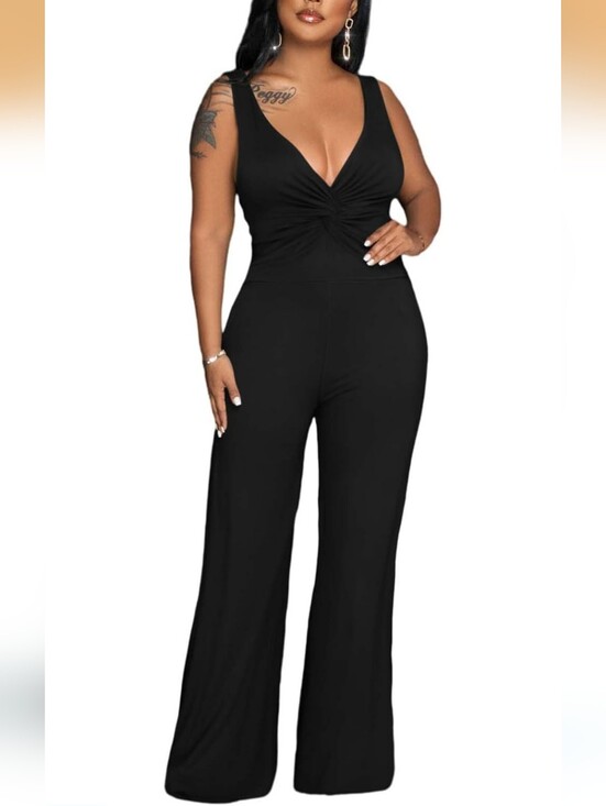 Pants - Elegant Sleeveless Sexy V Neck Casual Long Wide Leg Pants Belt, Medium, Black